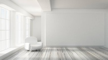 Beyaz iç oda. 3d illüstrasyon, 3d canlandırma.