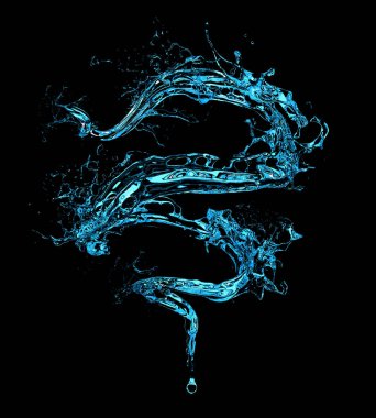 Siyah arka planda ıssız bir spiral mavi su sıçraması. 3d illüstrasyon, 3d canlandırma.