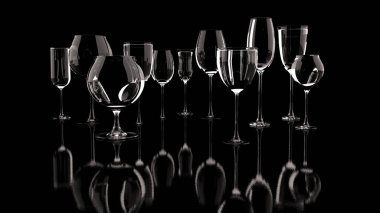 Şarap için bir bardak. 3d illüstrasyon, 3d canlandırma.