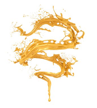 Beyaz bir arka planda karamelli su sıçraması. 3d illüstrasyon, 3d canlandırma.