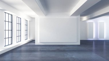 Beyaz iç oda. 3d illüstrasyon, 3d canlandırma.