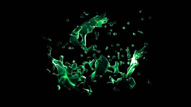 Siyah arka plan üzerine izole şeffaf yeşil su sıçrama. 3D çizim 3d render
