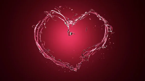 Scharlachrotes Herz aus Wasser spritzt Flüssigkeiten auf rosa, rotem Hintergrund. Spritzer, Wasser, Tropfen. — Stockfoto