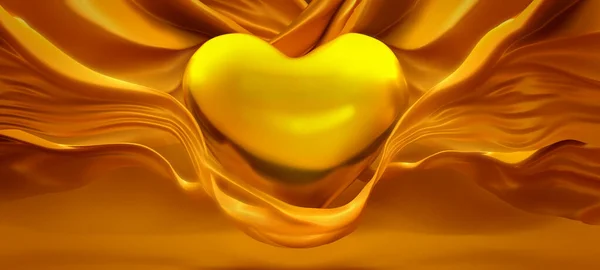 Fundo amarelo glamouroso com um tecido bonito e fluente e um coração de ouro — Fotografia de Stock