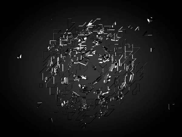 Rozbité sklo koule černé pozadí. 3D ilustrace, 3D vykreslení — Stock fotografie