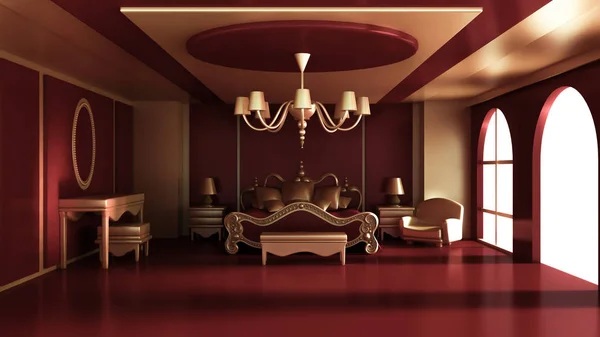 Krásný interiér ložnice. 3D ilustrace, 3D vykreslování. — Stock fotografie