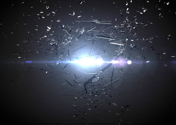 Beautiful fragments of glass splinters black background, lens flare. 3d illustration, 3d rendering.