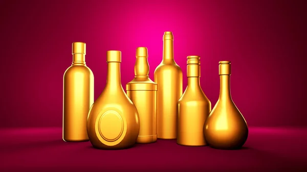 Золотая бутылка элитных алкогольных напитков на розовом фоне — стоковое фото
