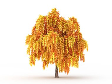 Sonbahar elementi, beyaz arka planda turuncu izole ağaç. 3d illüstrasyon, 3d canlandırma.