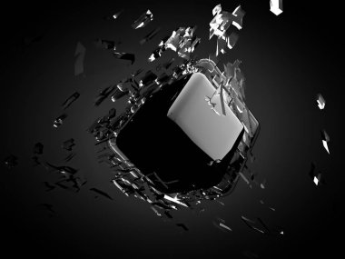 Kırık cam küp. 3d illüstrasyon, 3d canlandırma.