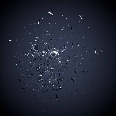 Güzel cam parçaları siyah arka plan kıymıkları. 3d illüstrasyon, 3d canlandırma.