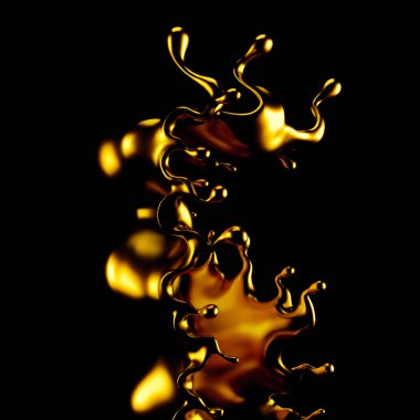 Soyut Altın Sıçrama, siyah arkaplanda izole edilmiş altın 3D illüstrasyon, 3D canlandırma.