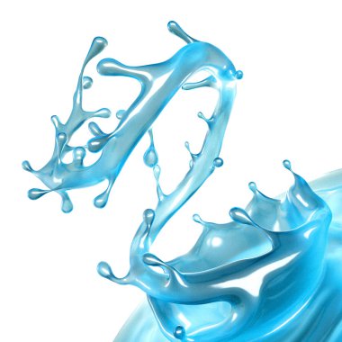 Güzel mavi su sıçraması. 3d illüstrasyon, 3d canlandırma.