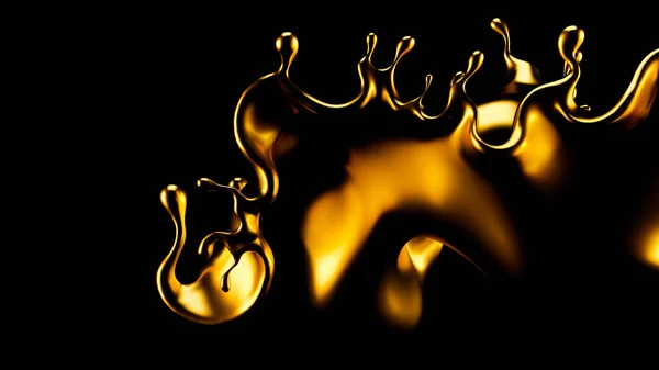 Abstrait Golden Splash, Or Isolé sur fond noir Illustration 3D, rendu 3d . — Photo