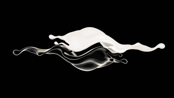 Vit och svart vätska stänk. 3D-illustration, 3D-återgivning. — Stockfoto