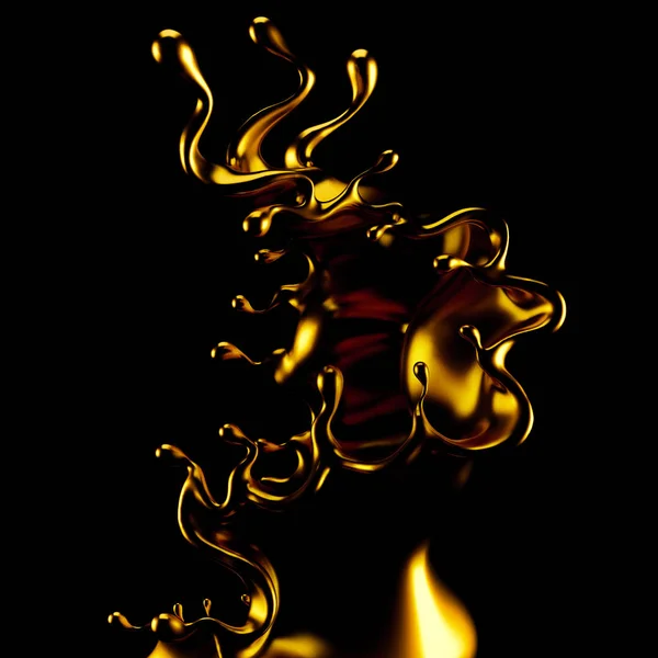 Abstrakt Golden Splash, Zlato Izolované na černém pozadí 3D ilustrace, 3D vykreslování. — Stock fotografie