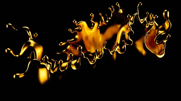 Abstrato Golden Splash, Isolado a ouro sobre fundo preto ilustração 3d, renderização 3d . — Fotografia de Stock