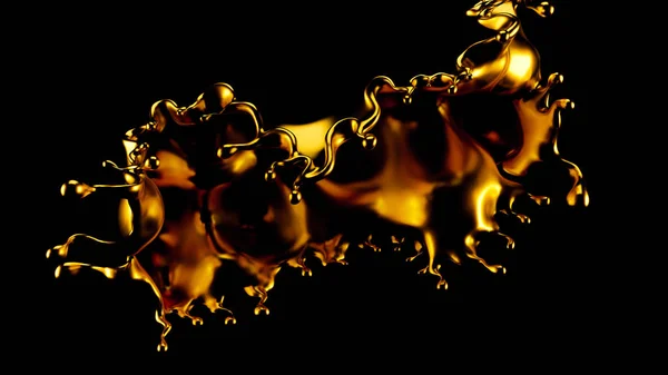 Astratto Golden Splash, Oro isolato su sfondo nero Illustrazione 3d, rendering 3d . — Foto Stock
