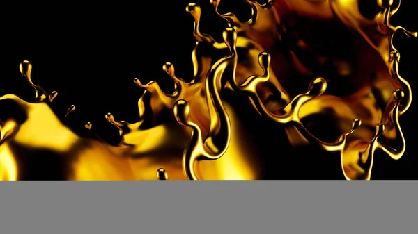 Abstrait Golden Splash, Or Isolé sur fond noir Illustration 3D, rendu 3d . — Photo