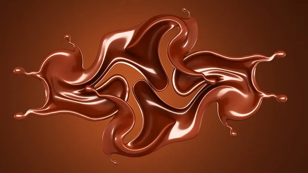 Splash, un flusso di cioccolato. Illustrazione 3d, rendering 3d . — Foto Stock