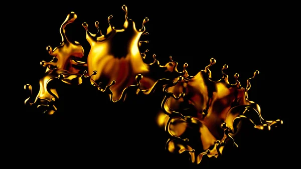 金色水花，黑色背景上分离的黄金3D插图，3D渲染. — 图库照片