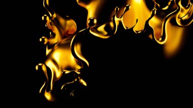 Soyut Altın Sıçrama, siyah arkaplanda izole edilmiş altın 3D illüstrasyon, 3D canlandırma.