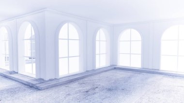 Taş zemini olan açık beyaz bir iç döşeme. 3d illüstrasyon, 3d