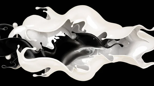 Salpicos de líquido branco e preto. Ilustração 3d, renderização 3d . — Fotografia de Stock