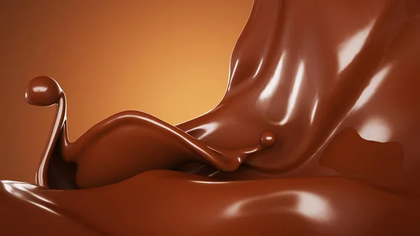 Splash, un flusso di cioccolato. Illustrazione 3d, rendering 3d . — Foto Stock