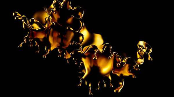 Salpicadura de oro abstracta, oro aislado sobre fondo negro 3d ilustración, representación 3d . — Foto de Stock