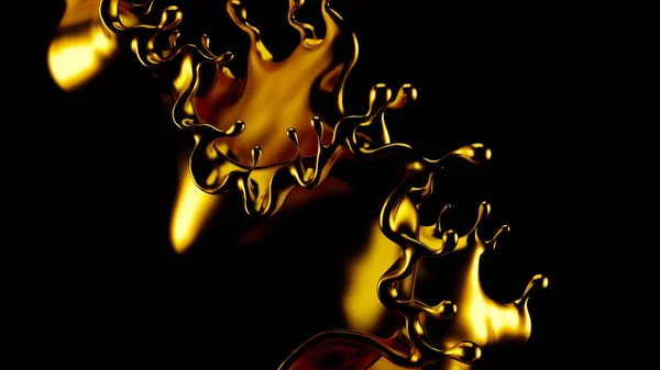 Abstrakt Golden Splash, Guld Isolerad på svart bakgrund 3D-illustration, 3D-rendering. — Stockfoto