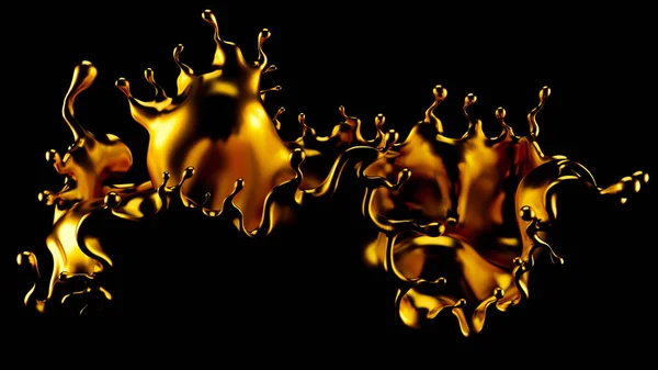 Abstrakt Golden Splash, Guld Isolerad på svart bakgrund 3D-illustration, 3D-rendering. — Stockfoto