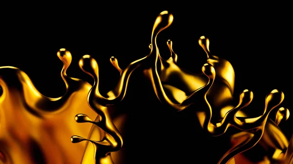 Abstract Golden Splash, Goud geïsoleerd op zwarte achtergrond 3d illustratie, 3d rendering. — Stockfoto