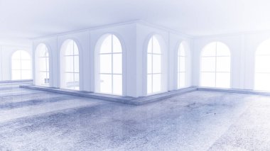 Taş zemini olan açık beyaz bir iç döşeme. 3d illüstrasyon, 3d canlandırma.
