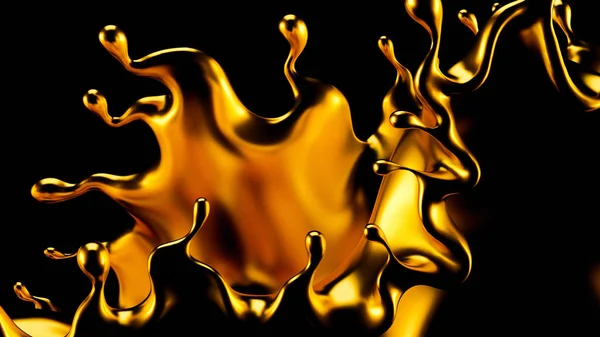 Absztrakt arany Splash, arany Elszigetelt fekete háttér 3d illusztráció, 3D renderelés. — Stock Fotó