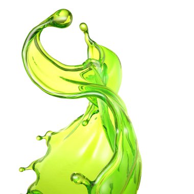 Çok güzel yeşil bir sıvı sıçraması. 3d illüstrasyon, 3d canlandırma.