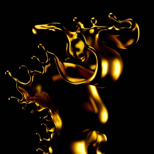 Salpicadura de oro abstracta, oro aislado sobre fondo negro 3d ilustración, representación 3d . —  Fotos de Stock