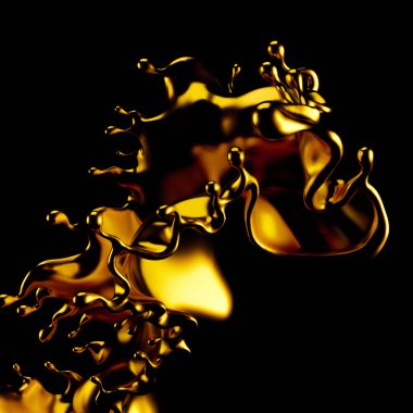 Soyut Altın Sıçrama, siyah arkaplanda izole edilmiş altın 3D illüstrasyon, 3D canlandırma.