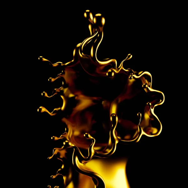 Soyut Altın Sıçrama, siyah arkaplanda izole edilmiş altın 3D illüstrasyon, 3D canlandırma. — Stok fotoğraf