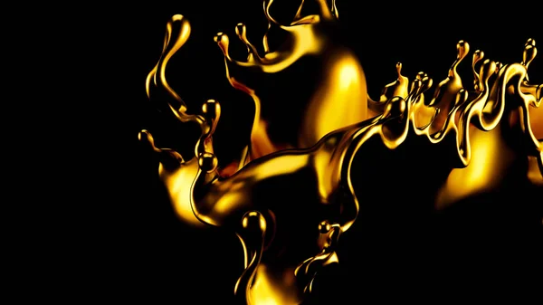 Abstract Golden Splash, Goud geïsoleerd op zwarte achtergrond 3d illustratie, 3d rendering. — Stockfoto