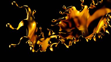Soyut Altın Sıçrama, siyah arkaplanda izole edilmiş altın 3D illüstrasyon, 3D canlandırma.