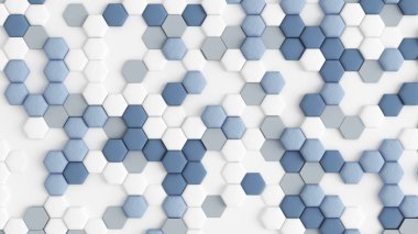 Altıgenli mavi, beyaz, soyut bir arka plan. 3d illüstrasyon, 3d canlandırma.