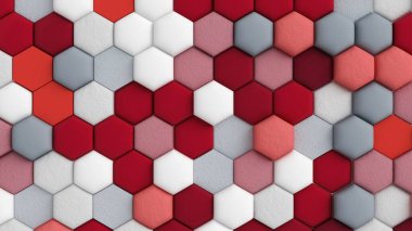 Altıgenli kırmızı beyaz soyut arka plan. 3d illüstrasyon, 3d canlandırma.