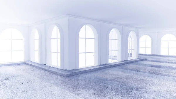 Světle bílý prázdný interiér s kamennou podlahou. 3D ilustrace, 3D vykreslování. — Stock fotografie