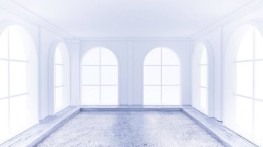 Taş zemini olan açık beyaz bir iç döşeme. 3d görüntüleme, 3d illüstrasyon.