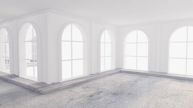 Taş zemini olan açık beyaz bir iç döşeme. 3d görüntüleme, 3d illüstrasyon.