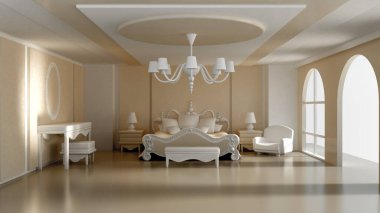 Güzel bir yatak odası. 3d görüntüleme, 3d illüstrasyon.