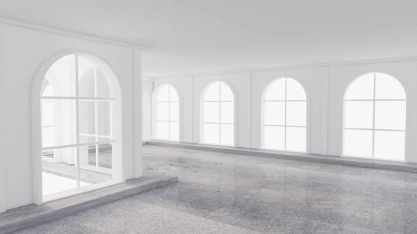 Light white empty interior with stone floor. 3d rendering, 3d illustration.