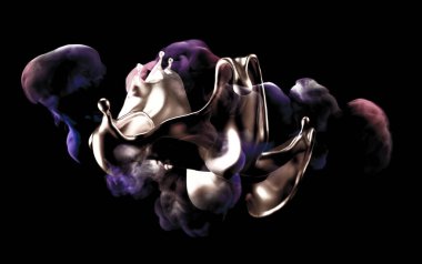 Siyah arka planda altın ve duman lekesi. 3d görüntüleme, 3d illüstrasyon.