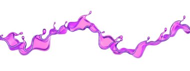 Beyaz arka planda şeffaf mor bir sıvı sıçraması. 3d görüntüleme, 3d illüstrasyon.